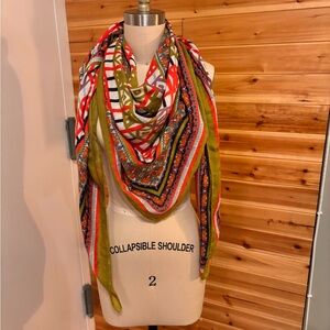 Colorful Geometric Patterned Scarf - Olive, Red & White